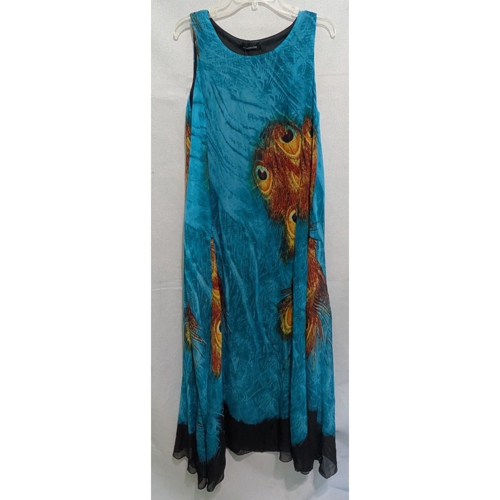 Omonsim Maxi Dress Women Medium Turquoise New Peacock Feather Beaded Boho S0047#